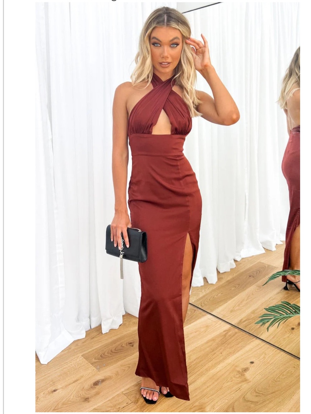 Beginning Boutique Rust Halter Maxi Gown